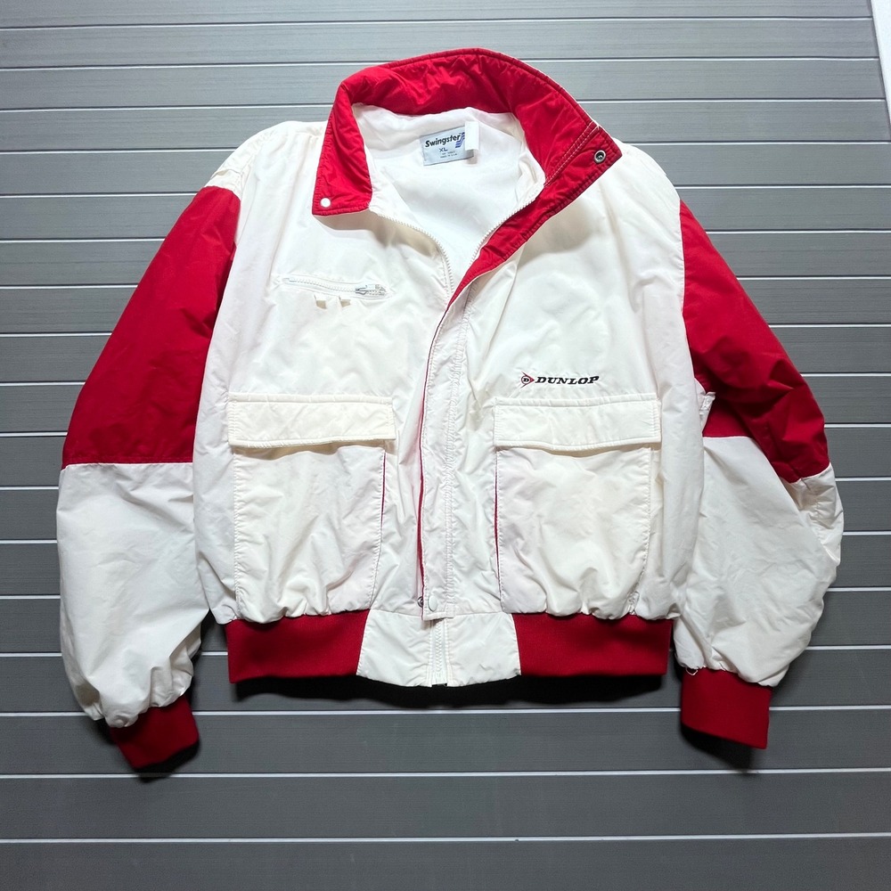Vintage Dunlop‎ Red White Track Jacket Windbreaker Bomber Style XL Made USA